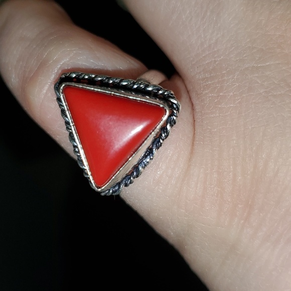 Artisan Jewelry - Red coral triangle gemstone 925 sterling silver plated ring